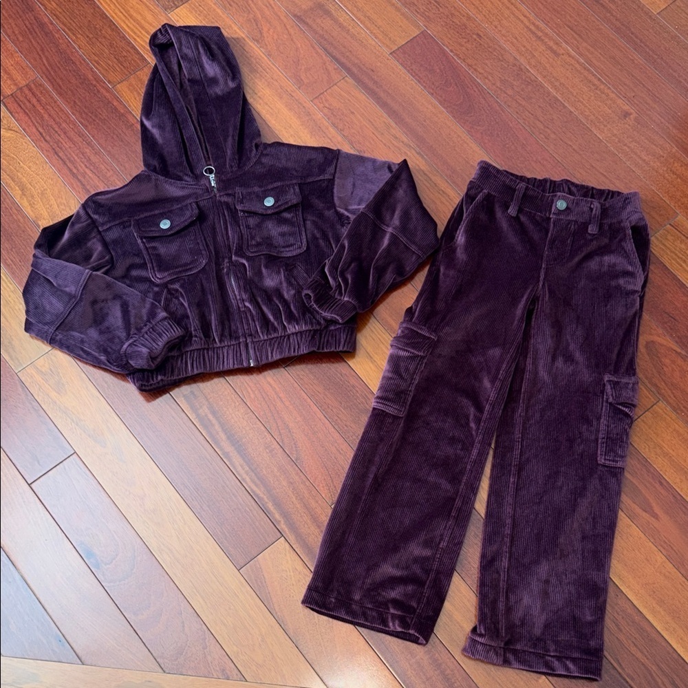 Girls Purple Velvet Hooded Jacket and Pants Set